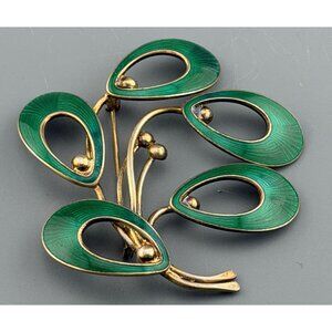 Vintage JEMAX Denmark Brooch Sterling Silver Guilloche Green Enamel Modernist